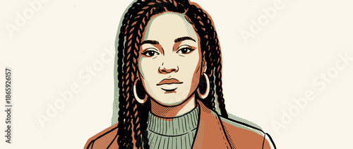 Beautiful young woman with long braids and hoop earrings looks directly at the camera in this stylish comic book style portrait illustration with halftone dot shading