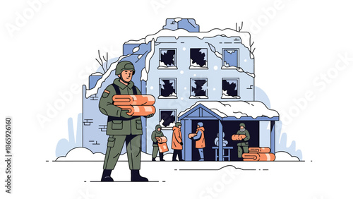 Soldiers distributing blankets in winter relief mission, flat vector illustration emphasizing humanitarian care, compassion, crisis response, and military support for vulnerable civilians