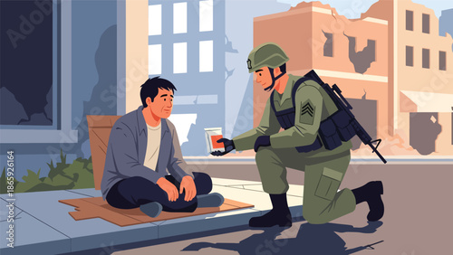 Soldier sharing food with homeless civilian, flat vector illustration highlighting humanity in military service, compassion, kindness, and social responsibility in urban environments