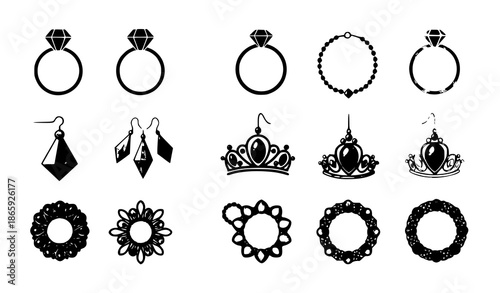 Geometric cartoon jewellery vector icons set, 32 minimal accessory icons for web