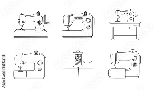 Fabric sewing machine outline vector icon set for web and app design, minimalist line art