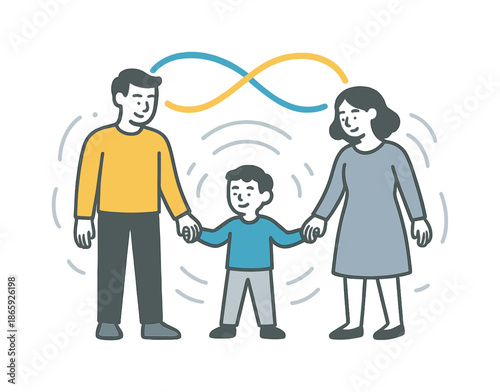 Family Harmony Arcs. Warm connections. A family of three holding hands with floating abstract arcs linking them; harmony waves radiate softly. Modern flat-line