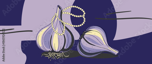 Two illustrated garlic bulbs with a pearl necklace create a surreal still life composition in a modern graphic style with a purple and yellow palette