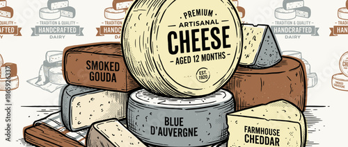 Beautiful hand-drawn assortment of artisanal cheeses features various wheels and blocks in a vintage woodcut style with retro typography and textures