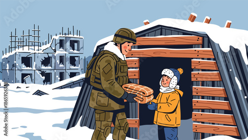Soldiers distributing blankets in winter relief mission, flat vector illustration emphasizing humanitarian care, compassion, crisis response, and military support for vulnerable civilians