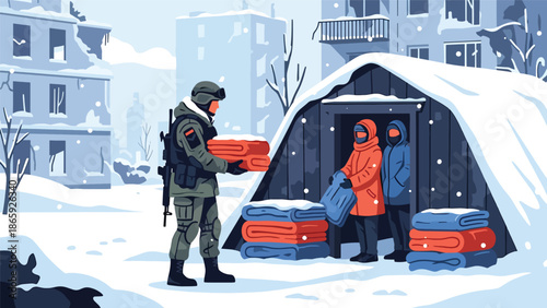 Soldiers distributing blankets in winter relief mission, flat vector illustration emphasizing humanitarian care, compassion, crisis response, and military support for vulnerable civilians