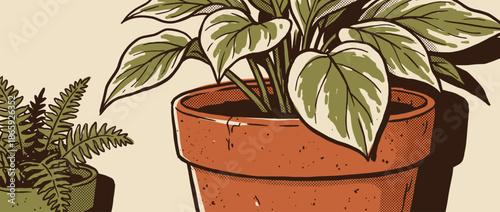 Potted houseplants with variegated leaves in a terracotta pot are depicted in a retro comic book style illustration with halftone dot shading and a limited earthy color palette