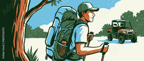 Young man with a large backpack and trekking poles hikes through a natural landscape with an all-terrain vehicle nearby in a bold graphic illustration style