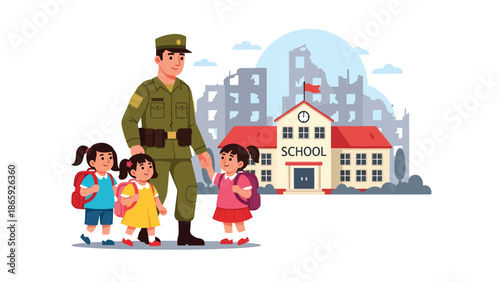 Soldiers escorting children to school in conflict area, flat vector illustration showing humanitarian military protection, hope, safety, and commitment to civilian life