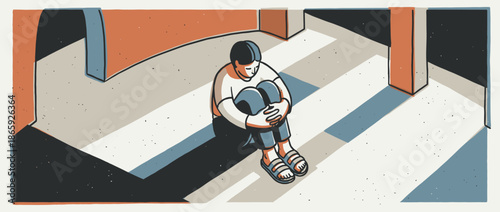 Sad lonely person sits on the floor, hugging their knees in a somber, introspective pose, depicted in a modern graphic illustration with an isometric perspective and a textured, limited color palette