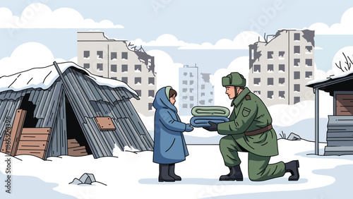 Soldiers distributing blankets in winter relief mission, flat vector illustration emphasizing humanitarian care, compassion, crisis response, and military support for vulnerable civilians