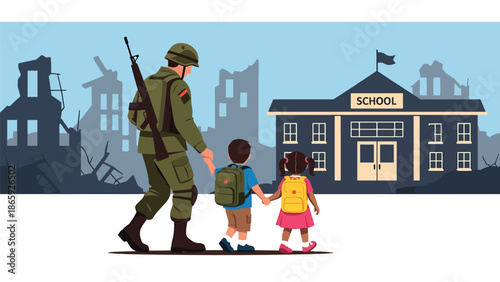 Soldiers escorting children to school in conflict area, flat vector illustration showing humanitarian military protection, hope, safety, and commitment to civilian life