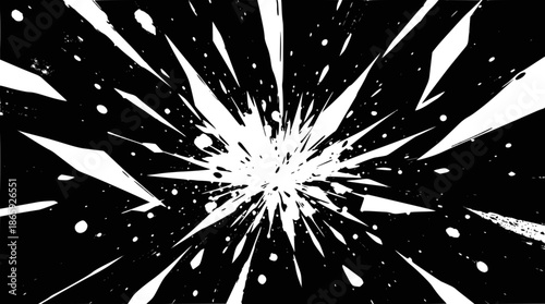A dynamic abstract white explosion of shattered fragments bursting outwards on a stark black background.