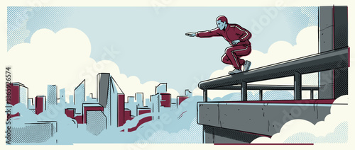 Determined man in a red tracksuit balances on a high rooftop railing, preparing to jump over a modern cityscape in a dynamic comic book style illustration