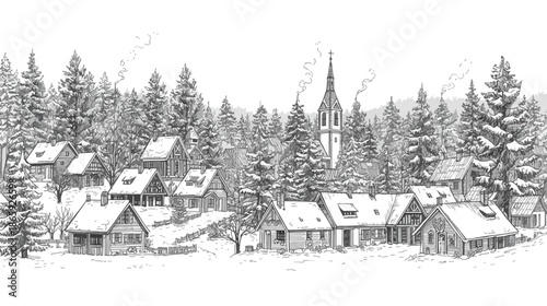 Hand drawn illustration of a snowy winter village with a church steeple and forest background