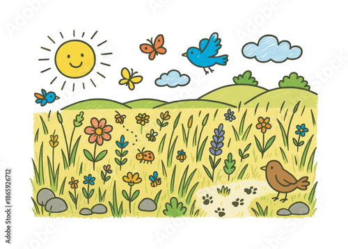 Colorful Prairie Doodle. Prairie. Colorful Hand-drawn doodle Children illustration Prairie tall grass, wildflowers, birds, butterflies, rocks, shrubs, sun,