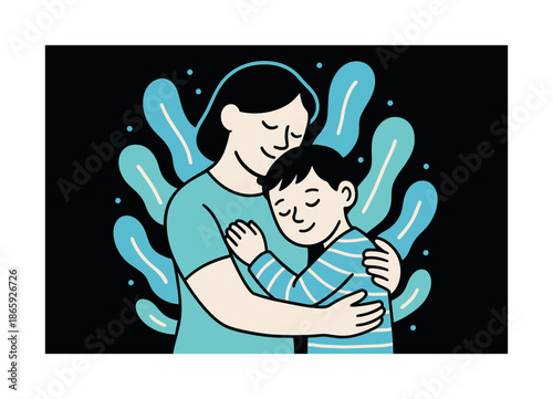 Warm Embrace Illustration. Safe in your arms. A child leans into a warm embrace; glowing shapes surround them like a protective aura. The moment