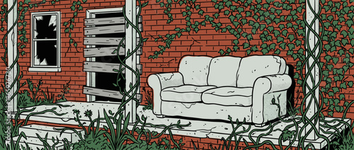 Old abandoned sofa sits on the overgrown porch of a derelict brick house with a broken window and boarded door in a comic book art style