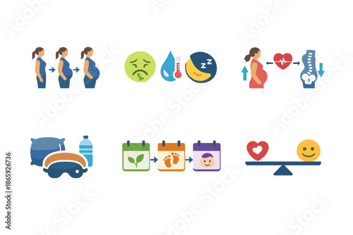 Pregnancy and health icons with symptoms and care illustrations