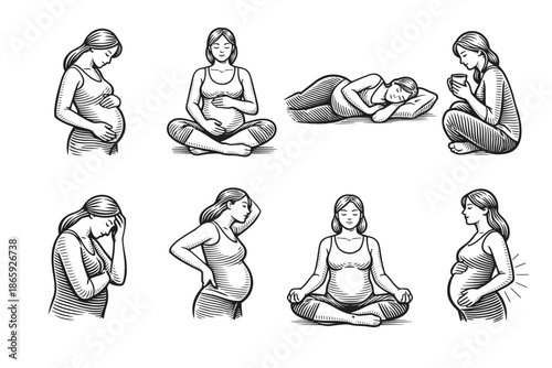 Illustration of pregnant woman in various poses and activities