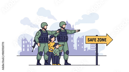 Soldiers protecting civilians during evacuation to safe area, vector illustration highlighting humanitarian defense, compassion, bravery, and military commitment to civilian safety