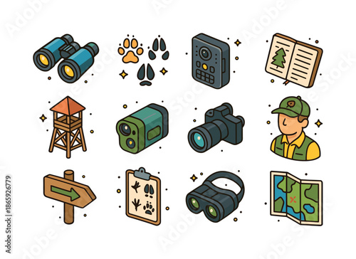 Wildlife Observation Icons. Wildlife observation. Colorful isometric vector icons set of wildlife observation: binoculars, animal tracks, camera trap, field