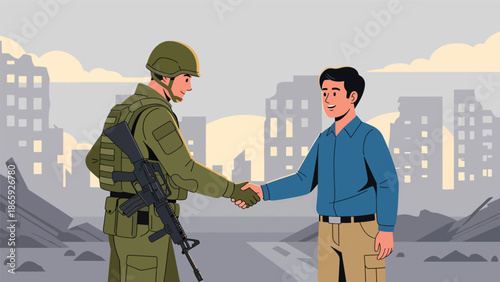 Soldier lowering weapon to shake hands with civilian, flat vector illustration symbolizing peace, humanity, reconciliation, and compassionate military engagement