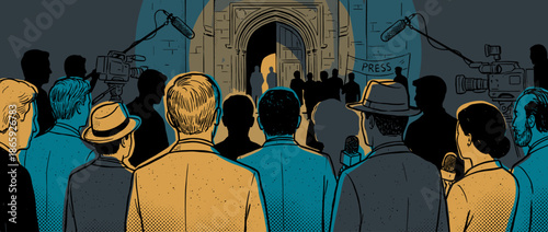 Crowd of retro-style reporters and journalists with cameras and microphones gathers at night outside a building, waiting for a major announcement in a dramatic comic illustration