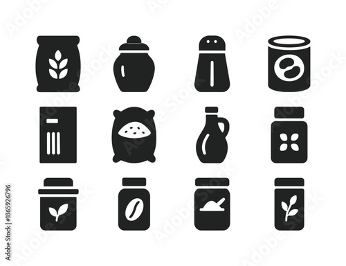 Pantry Essentials Icons. Pantry essentials. Solid icon set of Pantry essentials: flour bag, sugar jar, salt shaker, canned beans, pasta box, rice bag, cooking