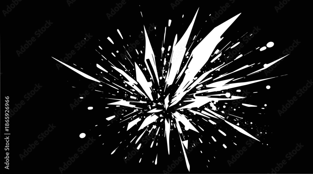 Fototapeta premium A dynamic white burst of light or liquid splattering outwards from a central point on a stark black background, creating a high-contrast abstract effect.