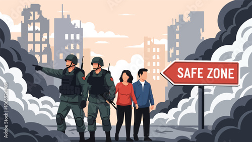 Soldiers protecting civilians during evacuation to safe area, vector illustration highlighting humanitarian defense, compassion, bravery, and military commitment to civilian safety