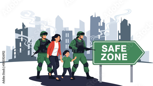 Soldiers protecting civilians during evacuation to safe area, vector illustration highlighting humanitarian defense, compassion, bravery, and military commitment to civilian safety