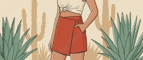 Illustrated stylish woman in a tied top and terracotta skirt stands among desert plants in a warm, retro graphic art banner with halftone details and a relaxed vibe