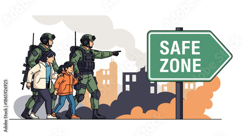 Soldiers protecting civilians during evacuation to safe area, vector illustration highlighting humanitarian defense, compassion, bravery, and military commitment to civilian safety