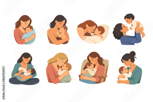 Mothers cuddling and bonding with their babies in various poses
