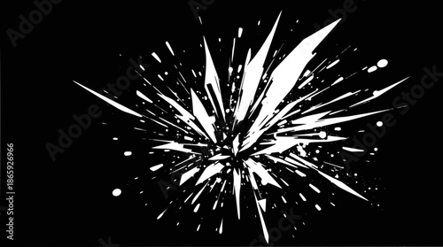 A dynamic white burst of light or liquid splattering outwards from a central point on a stark black background, creating a high-contrast abstract effect.