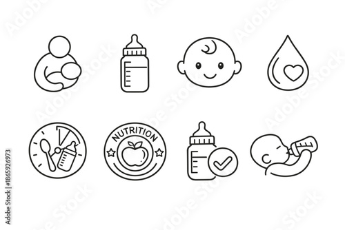 Baby care icons for nutrition and feeding, line art style