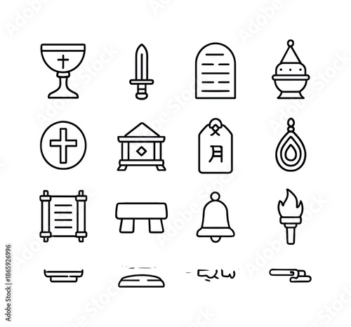 Sacred Relics Icons. Sacred relics. Line icon set of Sacred relics: holy chalice, ritual blade, sacred tablet, incense burner, divine symbol, temple relic box,
