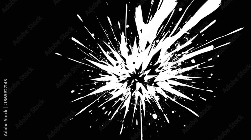 Obraz premium A dynamic white starburst explosion or splatter graphic on a solid black background, creating a striking abstract visual effect.