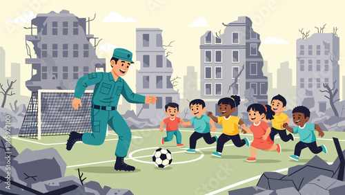 Soldiers playing soccer with local children, vector illustration showing humanity, joy, compassion, and positive community connection within military humanitarian missions