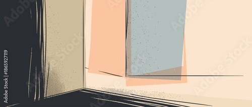 Abstract architectural interior illustration with geometric shapes, muted pastel colors, and vintage halftone textures, creating a minimalist and modern artistic composition