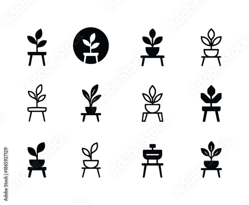 Minimalist Logo Icons. Designing a minimalist room. Icon set. Set Logo of designing a minimalist room: indoor plant silhouette. harmonious logo variations of