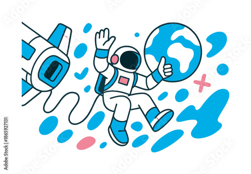 Spacewalk Tourist Adventure. Spacewalk adventure. A tourist in a sleek suit drifts outside a spacecraft, tethered by a line; Earth glows in the distance.