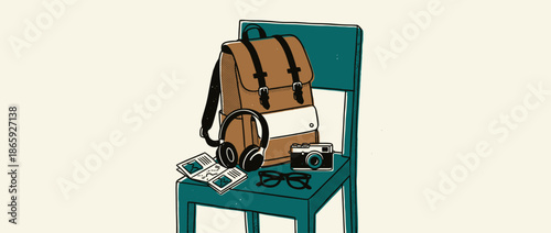 Brown travel backpack with headphones, a vintage camera, a map, and glasses sits on a teal chair in a retro, hand-drawn illustration style with halftone details