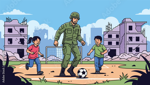 Soldiers playing soccer with local children, vector illustration showing humanity, joy, compassion, and positive community connection within military humanitarian missions