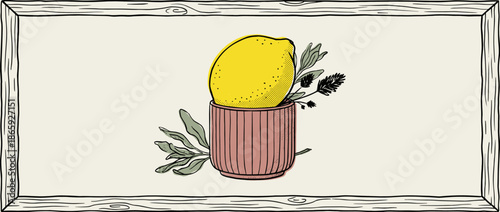 Stylized graphic illustration of a lemon and fresh herbs in a pink pot, featuring a retro aesthetic with simple linework, stippling texture, and a hand-drawn border