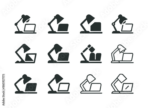 Home Office Icons. working from home. Icon set. Set Logo of working from home: desk lamp and notebook layout. harmonious logo variations of the same emblematic