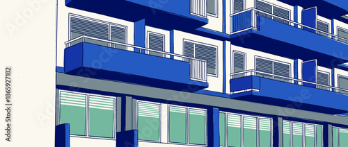 Modern apartment building facade with vibrant blue balconies and louvered windows, depicted in a graphic architectural illustration with a clean, minimalist aesthetic