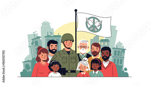 Soldier standing with civilians under peace symbol, flat vector illustration representing unity, humanity, compassion, and military commitment to peace and protection