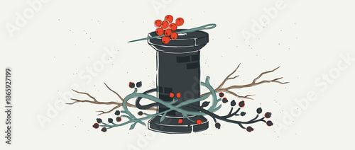 Hand-drawn black spool of thread with a needle and red berries on top is entwined with thorny branches in a rustic, symbolic illustration